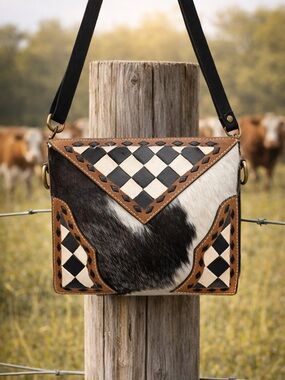 Handcrafted Black & White Cowhide Crossbody Bag with Brown Leather Trim
